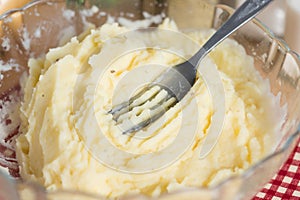 Homemade mashed potatoes, cooking food.