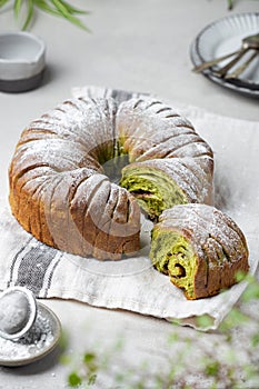 Homemade Matcha bread loaf with chocolate paste filling