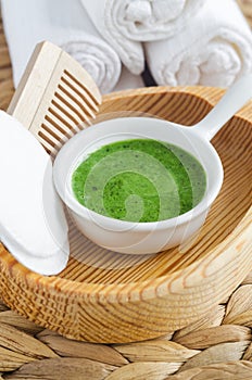 Homemade matcha green tea (kelp, algae, spirulina) face or hair mask (scrub). Natural beauty treatment