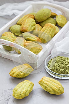 Homemade matcha green tea madeleines on the table and in wooden tray