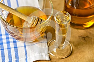 Homemade mead honey wine on an old table photo