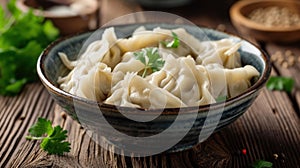 Homemade meat dumplings with onions and parsley- russian pelmeni in wooden bowl