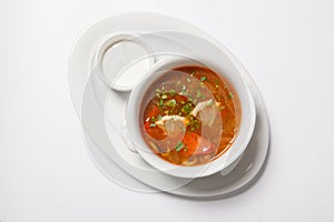 Homemade meat soup, Solyanka or saltwort.