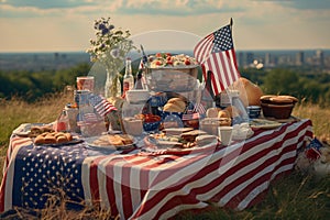 Homemade Memorial Day garden picnic with lots of food. Celebrating Independence day on 4th July