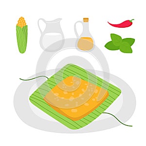 Homemade Mexican food. Tamales or humita. Dish ingredients. Recipe icons. photo