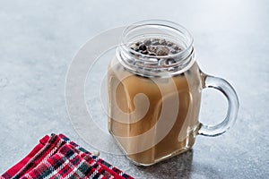 Homemade Milk Bubble Tea with Tapioca Pearls in Mason Jar.