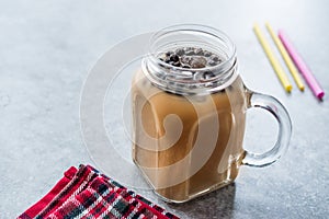 Homemade Milk Bubble Tea with Tapioca Pearls in Mason Jar.