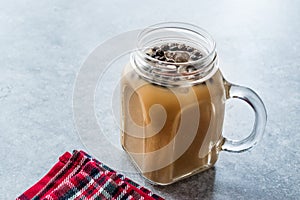 Homemade Milk Bubble Tea with Tapioca Pearls in Mason Jar.