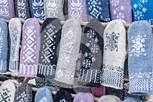 Homemade mittens with snow crystal pattern