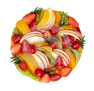 Homemade Mixed fruits cake, orange apple strawberry, cherry top view isolated on white background, clipping path included