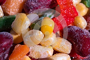 Homemade mixture of frozen vegetables, macro close-up background