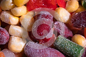 Homemade mixture of frozen vegetables, macro close-up background