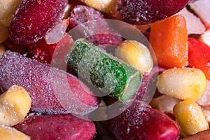 Homemade mixture of frozen vegetables, macro close-up background