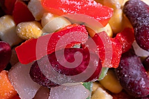 Homemade mixture of frozen vegetables, macro close-up background