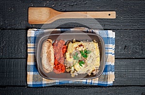 Homemade Moussaka served with bread and chutney (East European cuisine)