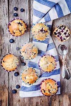 Homemade muffins with blueberries top view