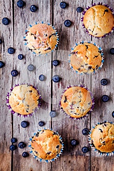 Homemade muffins with blueberries top view