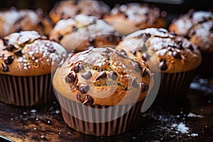 Homemade muffins with chocolate on top of the wooden table