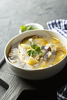 Homemade mushroom soup with fresh parsley