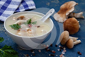 Homemade mushroom soup in white bowl