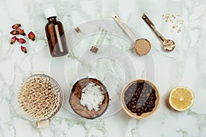 Homemade natural body care or cosmetics ingredients: essential oils, brown sugar, coffee