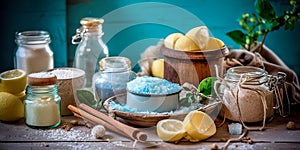 homemade natural cosmetics, such as lip balms, body butters, and bath bombs, using ingredients like shea butter, cocoa