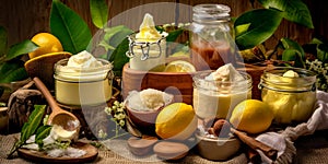 homemade natural cosmetics, such as lip balms, body butters, and bath bombs, using ingredients like shea butter, cocoa