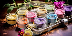 homemade natural cosmetics, such as lip balms, body butters, and bath bombs, using ingredients like shea butter, cocoa