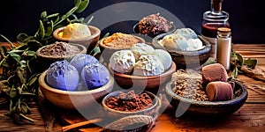 homemade natural cosmetics, such as lip balms, body butters, and bath bombs, using ingredients like shea butter, cocoa