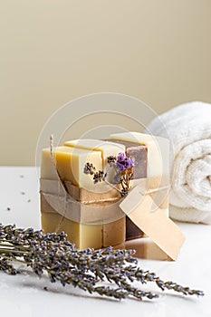 Homemade natural soap bars with lavender flowers