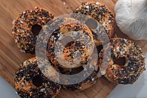 Homemade new york bagels on rustic background