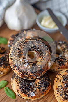 Homemade new york bagels on rustic background