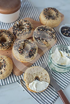 Homemade new york bagels on rustic background