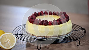 Homemade New York cheesecake. Decorate cheesecake New York raspberry