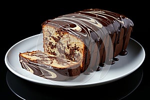 Homemade nutella swirl pound cake on white plate, perfect food photography for dessert enthusiasts