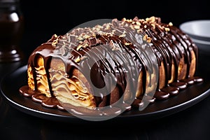 Homemade nutella swirl pound cake on white plate, realistic food photography for baking enthusiasts