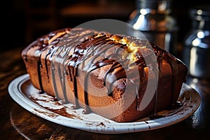 Homemade nutella swirl pound cake on white plate realistic food photography for homemade dessert