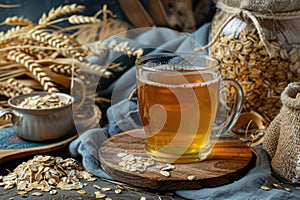 Homemade oat beer in a clear glass mug among barley grains on a rustic table, brewing craft beverage concept