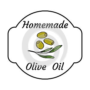 Homemade olive oil label. Outline doodle style design. Hand drawn vector transparent illustrations. Colorful olives.