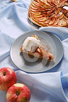 Homemade organic apple pie dessert with ice cream