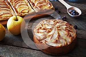 Homemade organic apple pie dessert ready to eat. Delicious and beautiful apple pie on a wooden table, on a rustic wood kitchen tab