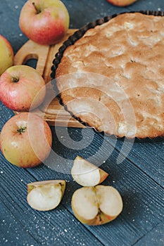 Homemade organic apple pie dessert ready to eat. Selective focus