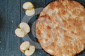 Homemade organic apple pie dessert ready to eat. Selective focus