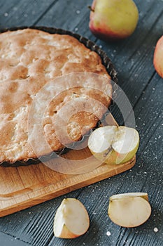 Homemade organic apple pie dessert ready to eat. Selective focus photo