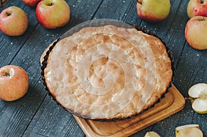 Homemade organic apple pie dessert ready to eat. Selective focus