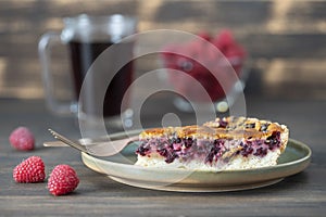 Homemade organic blackberry pie dessert ready to eat. Blackberry tart on the old wooden background, close up