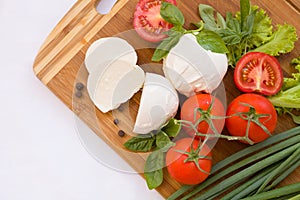 Homemade Organic Mozzarella Cheese with Tomato and Basil and onions