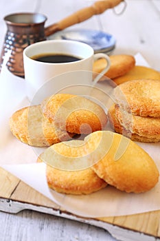 Homemade palets bretons. Salty shortbread Breton cookies and coffee photo