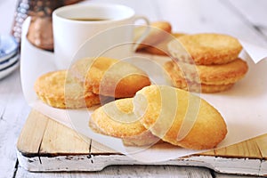 Homemade palets bretons. Salty shortbread Breton cookies and cup of coffee photo