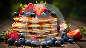 Homemade pancakes with fresh berries and maple syrup, ideal breakfast setting with copy space